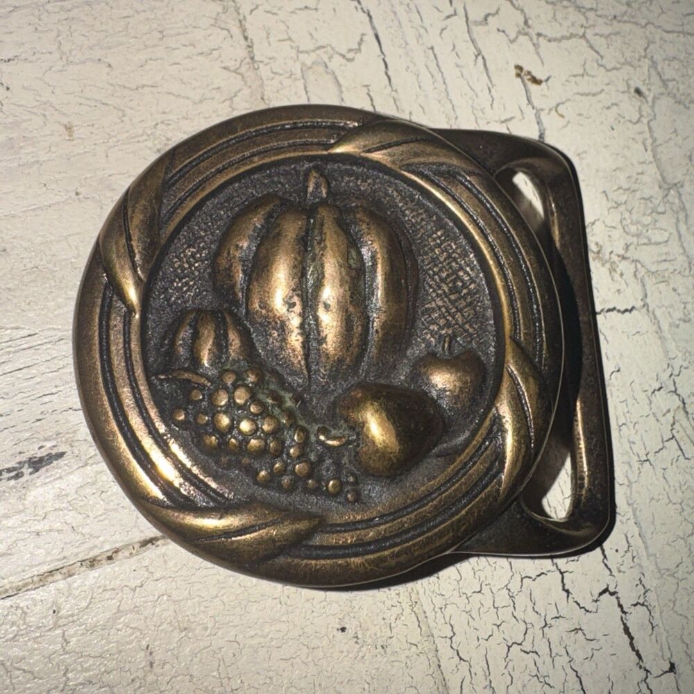 Vintage 1975 Tech Ether Guild Inc. Harvest' solid brass belt buckle Great Patina